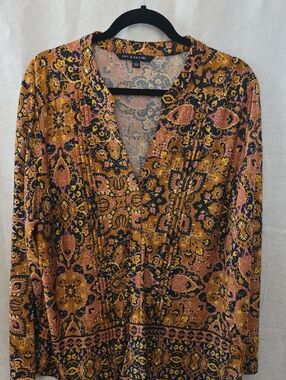 Zac & Rachel Mustard Paisley V-Neck Tunic with Pink and Black Accents
